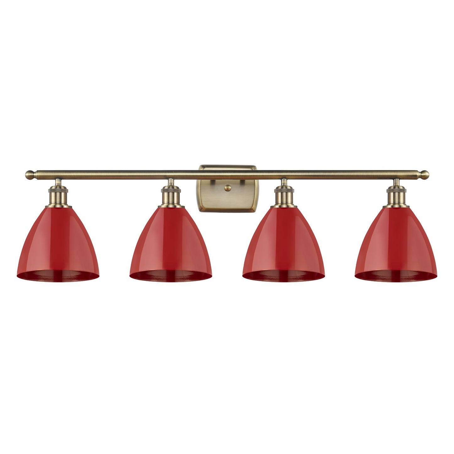 Innovations Plymouth 38in 4-Light Bath Vanity Light | Industrial Antique Brass Steel and Matte Red Metal Shade | Bathroom | Model 516-4W-AB-MBD-75-RD-LED