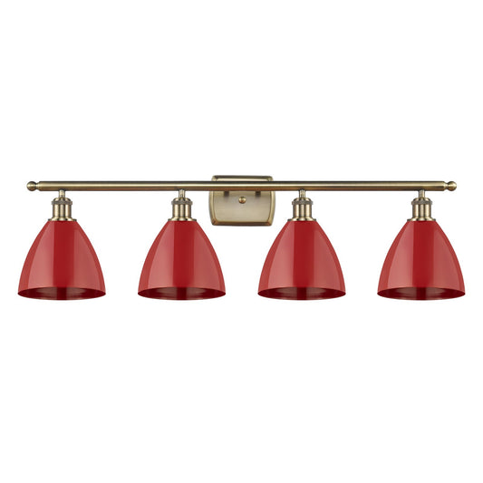 Innovations Plymouth 38in 4-Light Bath Vanity Light | Industrial Antique Brass Steel and Matte Red Metal Shade | Bathroom | Model 516-4W-AB-MBD-75-RD-LED