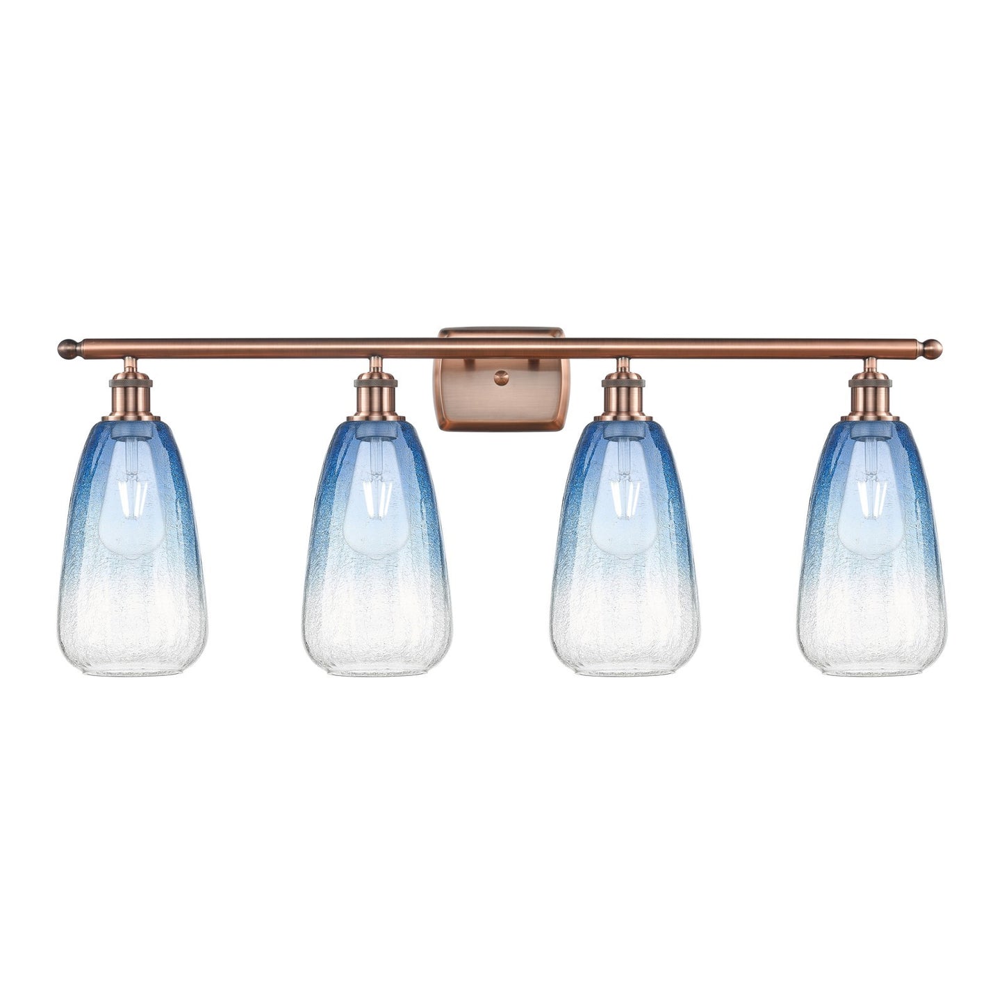 Innovations Brookhaven Almond 36in 4-Light Bath Vanity Light | Industrial Antique Copper and Sapphire Blue Glass | Bathroom | Model 516-4W-AC-G480-6SB