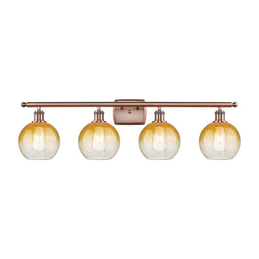 Innovations Brookhaven Globe 38in 4-Light Bath Vanity Light | Industrial Antique Copper Steel and Amber Glass | Bathroom Vanity | Model 516-4W-AC-G483-8AM