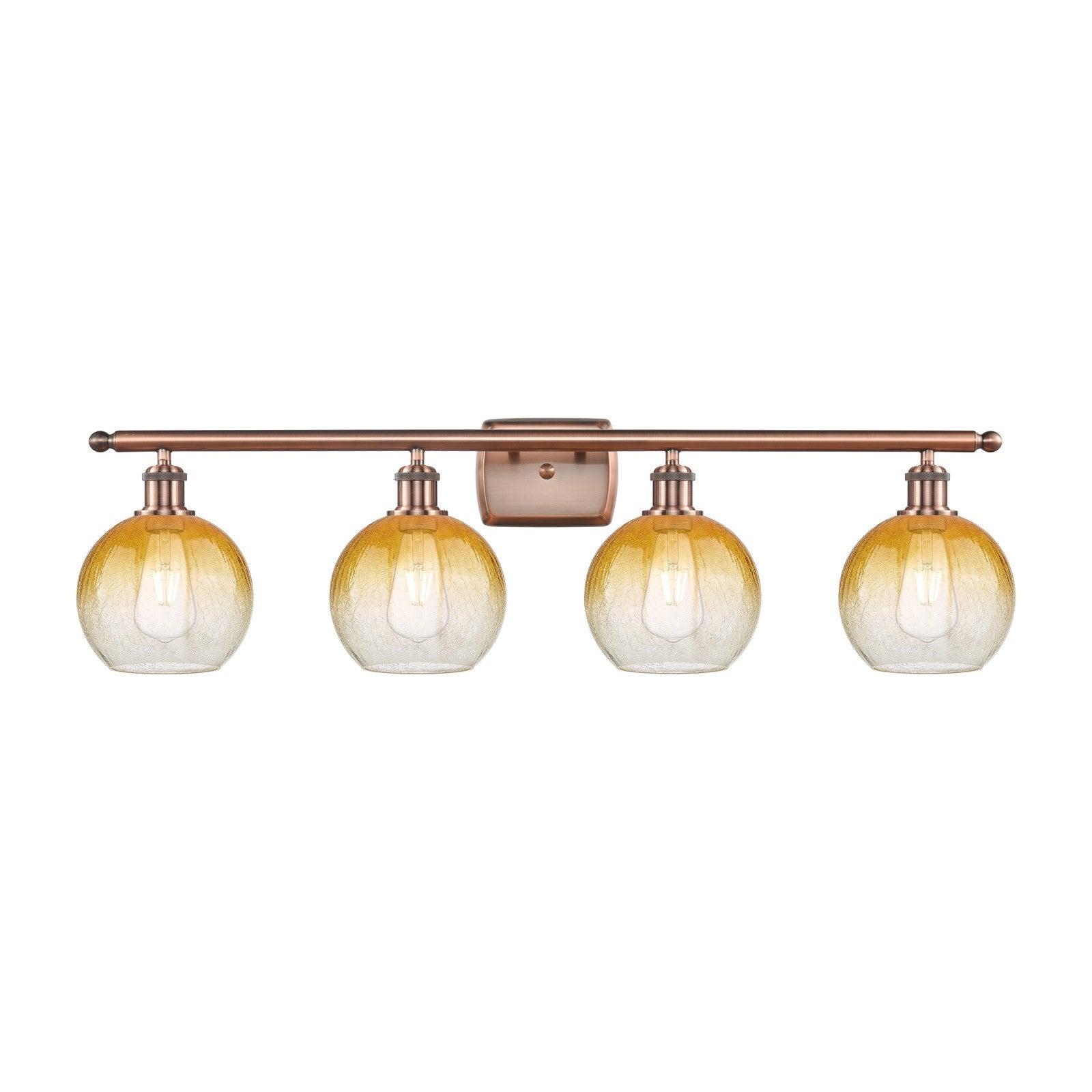 Innovations Brookhaven Globe 38in 4-Light Bath Vanity Light | Industrial Antique Copper Steel and Amber Glass | Bathroom Vanity | Model 516-4W-AC-G483-8AM