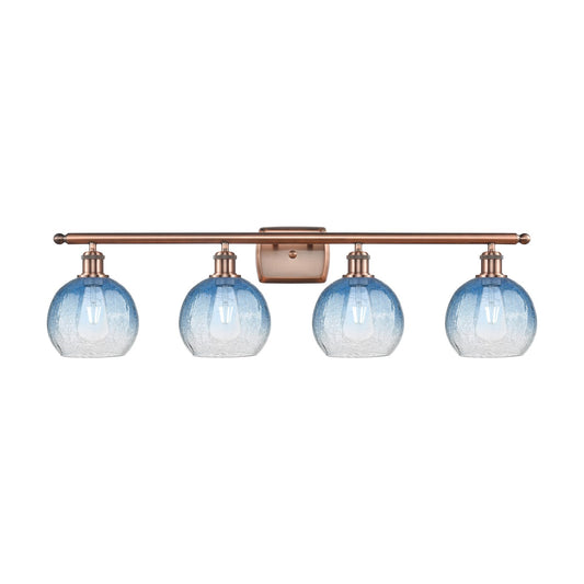Innovations Brookhaven Globe 38in 4-Light Bath Vanity Light | Industrial Antique Copper Steel and Sapphire Blue Glass | Model 516-4W-AC-G483-8SB