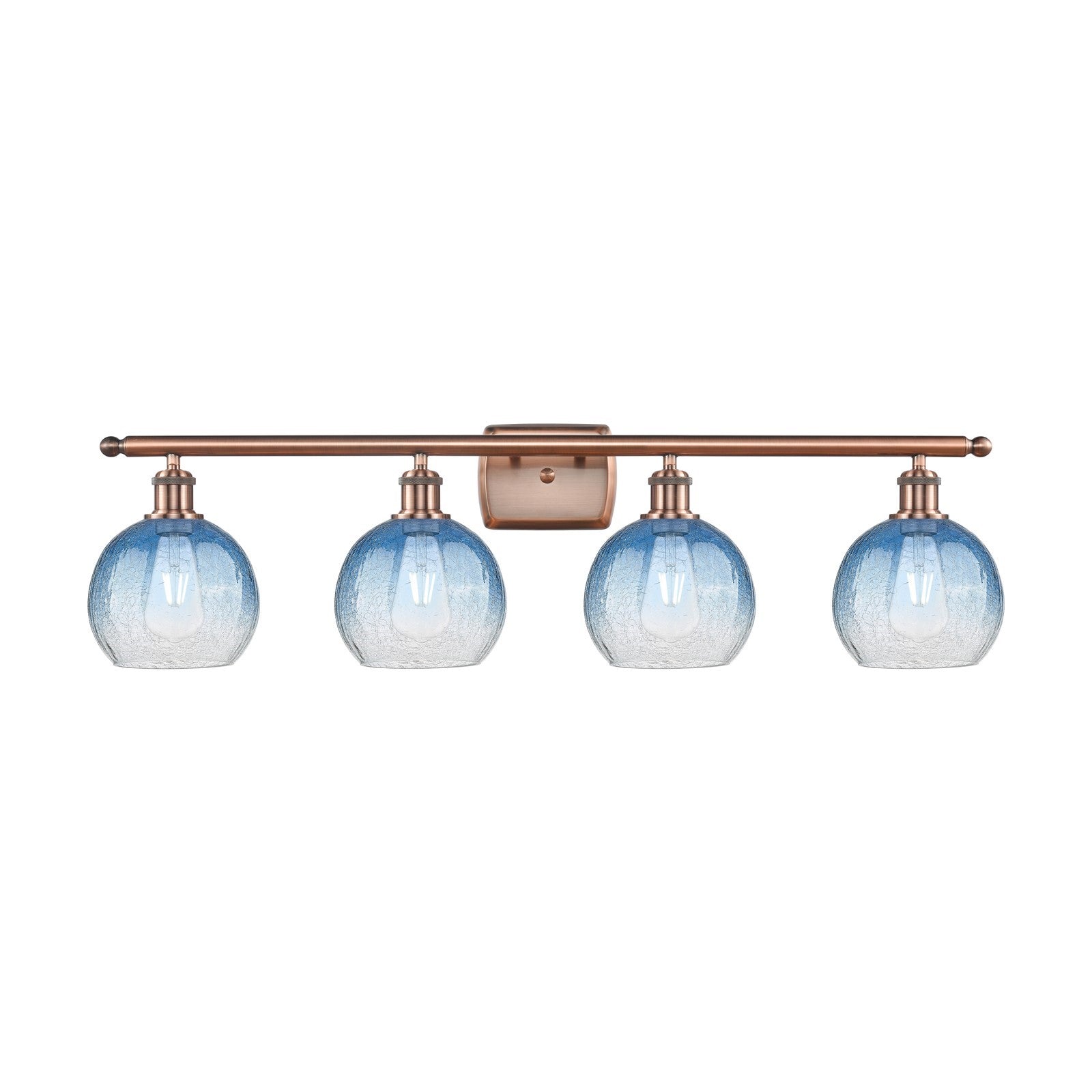 Innovations Brookhaven Globe 38in 4-Light Bath Vanity Light | Industrial Antique Copper Steel and Sapphire Blue Glass | Model 516-4W-AC-G483-8SB