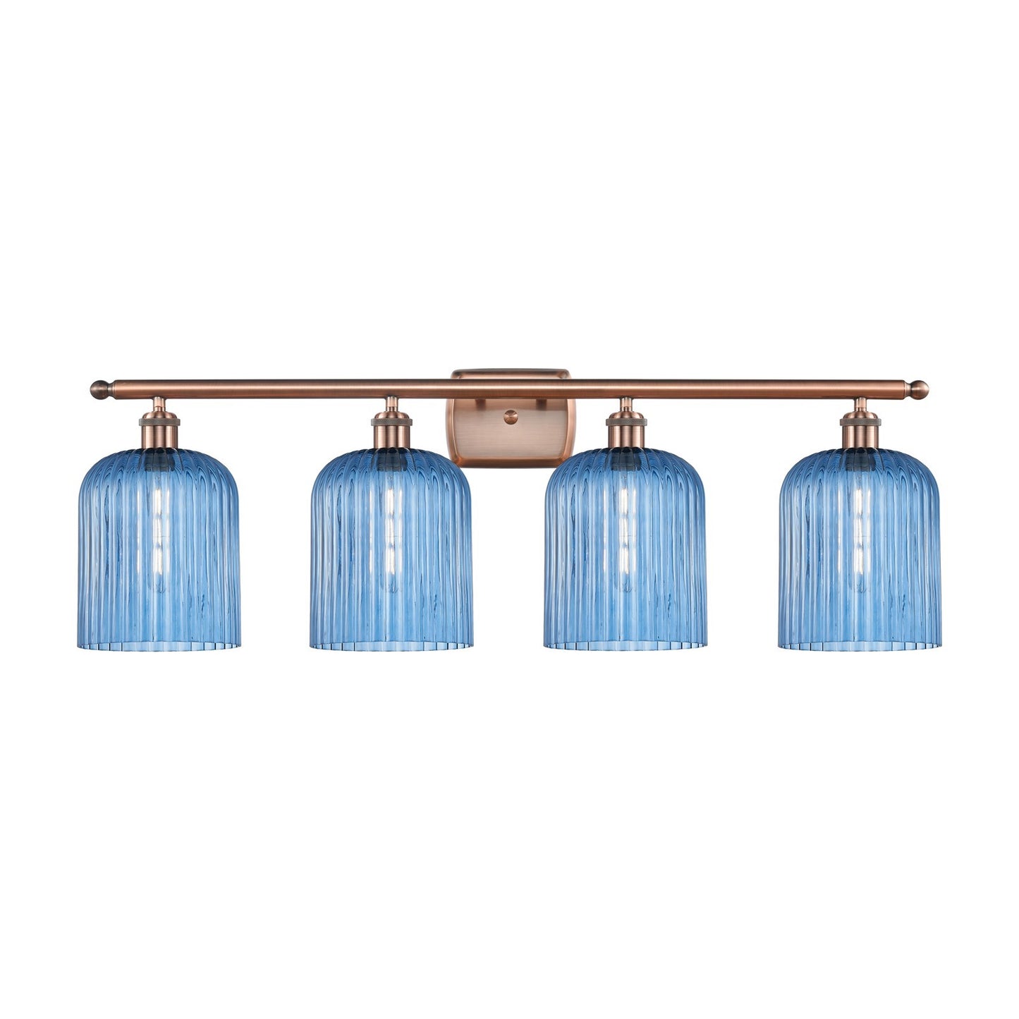 Innovations Bridal Veil 35in 4-Light Bath Vanity Light | Art Nouveau Industrial Antique Copper and Princess Blue Ribbed Glass | Model 516-4W-AC-G559-8BL