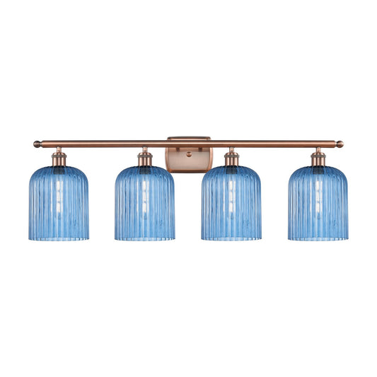 Innovations Bridal Veil 35in 4-Light Bath Vanity Light | Art Nouveau Industrial Antique Copper and Princess Blue Ribbed Glass | Model 516-4W-AC-G559-8BL