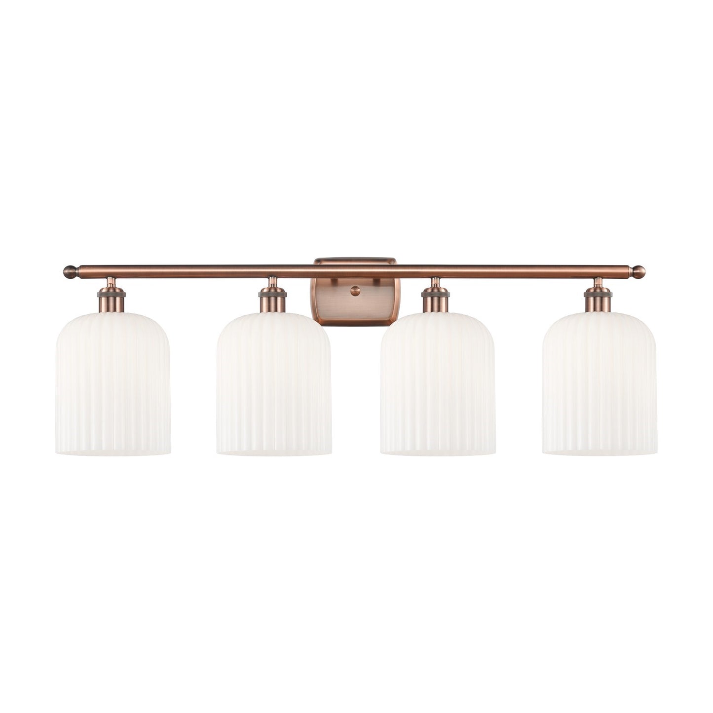 Innovations Bridal Veil 35in 4-Light Bath Vanity Light | Art Nouveau Antique Copper and Gloss White Ribbed Glass | Bathroom | Model 516-4W-AC-G559-8GWH