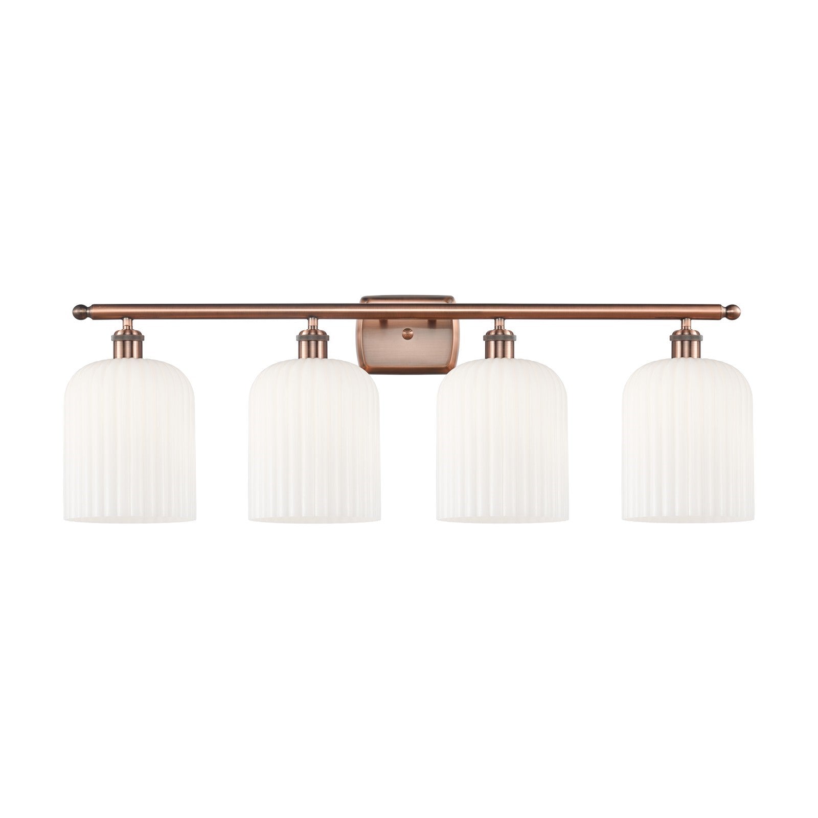 Innovations Bridal Veil 35in 4-Light Bath Vanity Light | Art Nouveau Antique Copper and Gloss White Ribbed Glass | Bathroom | Model 516-4W-AC-G559-8GWH