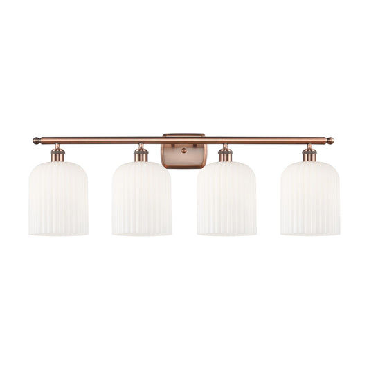 Innovations Bridal Veil 35in 4-Light Bath Vanity Light | Art Nouveau Antique Copper and Gloss White Ribbed Glass | Bathroom | Model 516-4W-AC-G559-8GWH