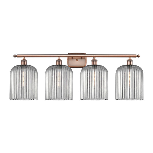Innovations Bridal Veil 35in 4-Light Bath Vanity Light | Art Nouveau Industrial Antique Copper and Light Smoke Ribbed Glass | Model 516-4W-AC-G559-8SM