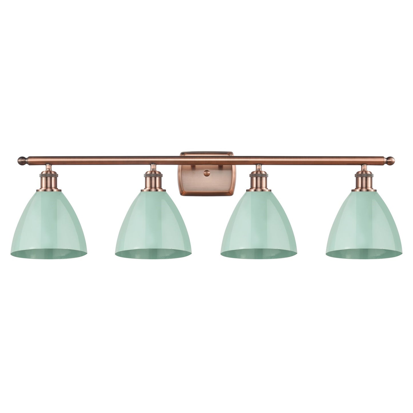 Innovations Plymouth 38in 4-Light Bath Vanity Light | Industrial Antique Copper and Matte Seafoam Metal Shade | Bathroom | Model 516-4W-AC-MBD-75-SF