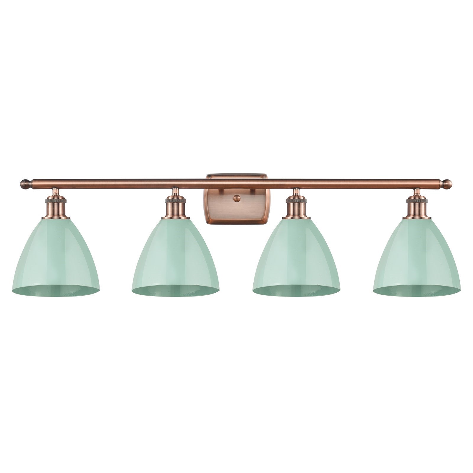 Innovations Plymouth 38in 4-Light Bath Vanity Light | Industrial Antique Copper and Matte Seafoam Metal Shade | Bathroom | Model 516-4W-AC-MBD-75-SF