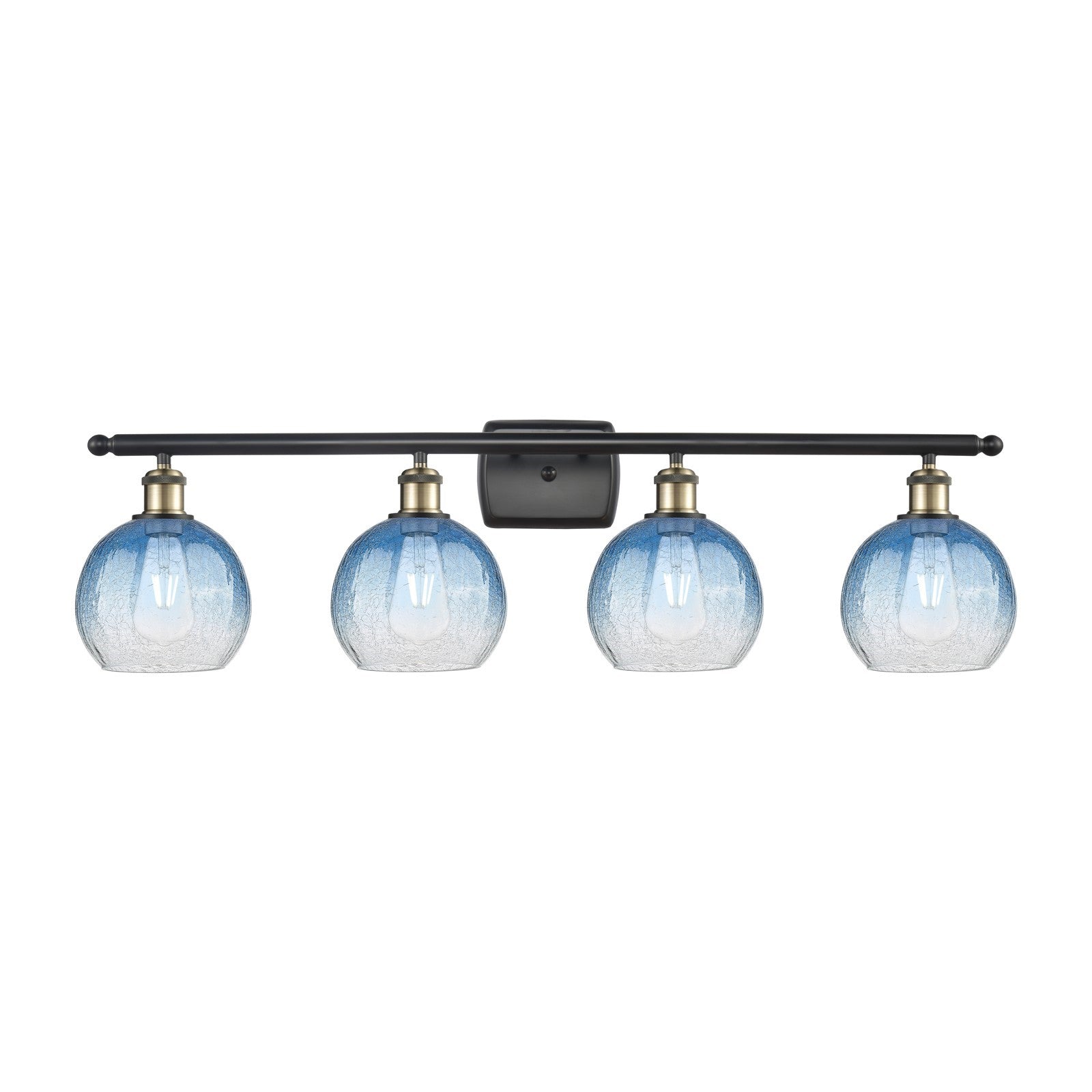 Innovations Brookhaven Globe 38in 4-Light Bath Vanity Light | Industrial Black Antique Brass and Sapphire Blue Glass | Model 516-4W-BAB-G483-8SB