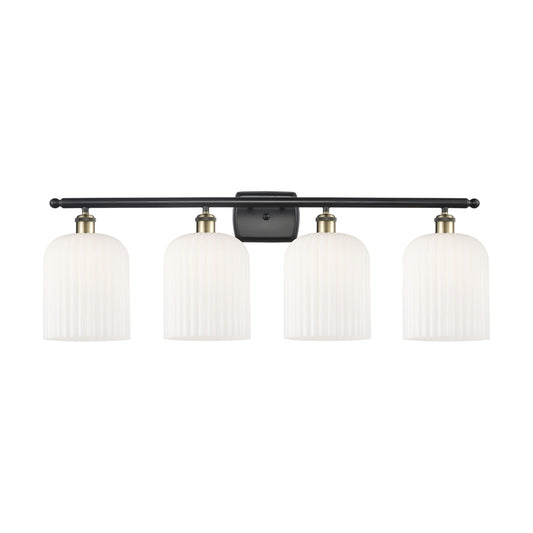 Innovations Bridal Veil 35in 4-Light Bath Vanity Light | Art Nouveau Industrial Black Antique Brass and Gloss White Ribbed | Model 516-4W-BAB-G559-8GWH