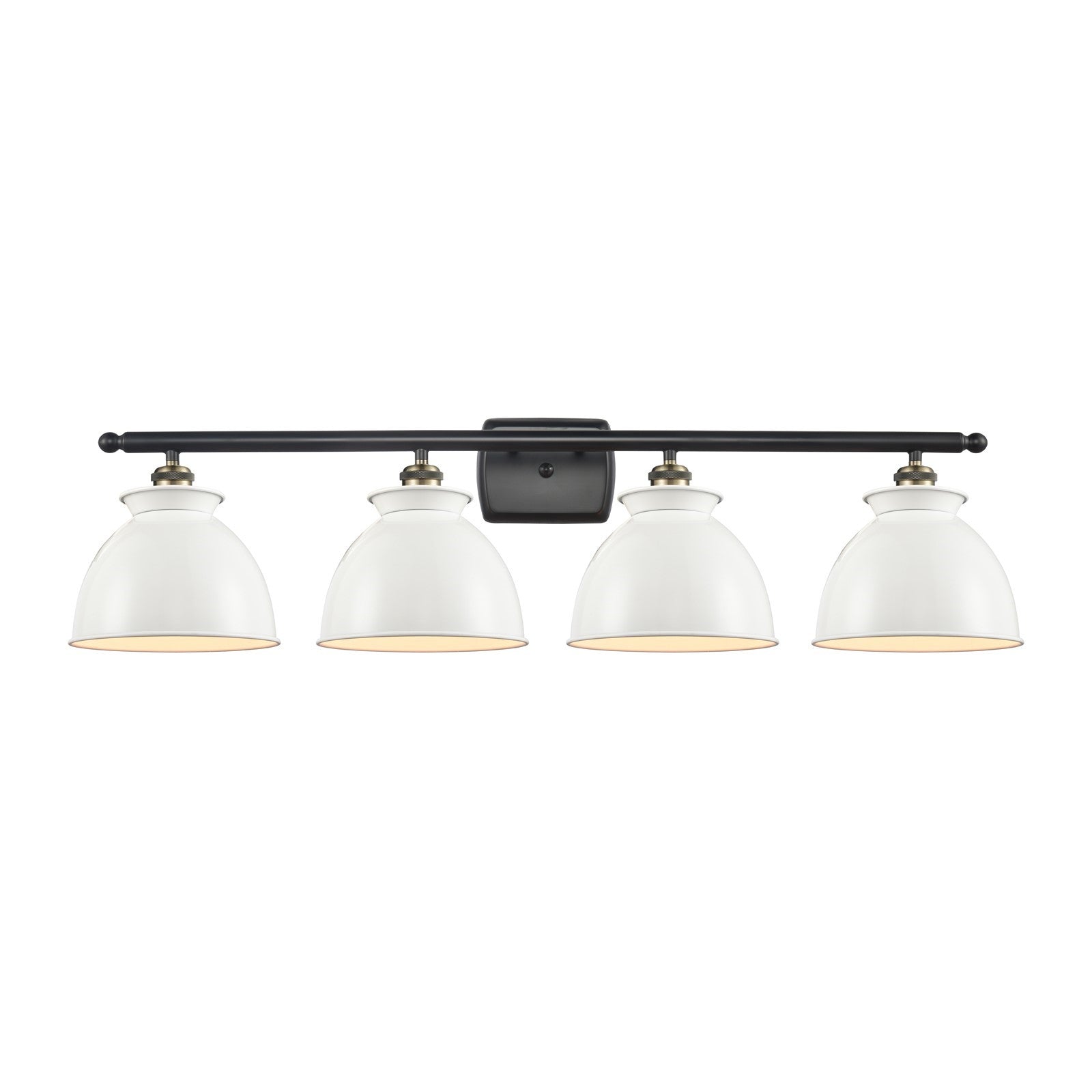 Innovations Adirondack 38in 4-Light Bath Vanity | Industrial Black Antique Brass Metal and Glossy White Metal Shade | Bathroom | Model 516-4W-BAB-M14-W