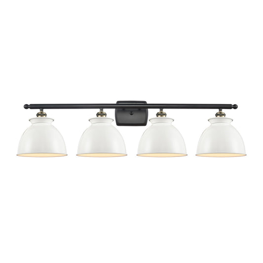 Innovations Adirondack 38in 4-Light Bath Vanity | Industrial Black Antique Brass Metal and Glossy White Metal Shade | Bathroom | Model 516-4W-BAB-M14-W