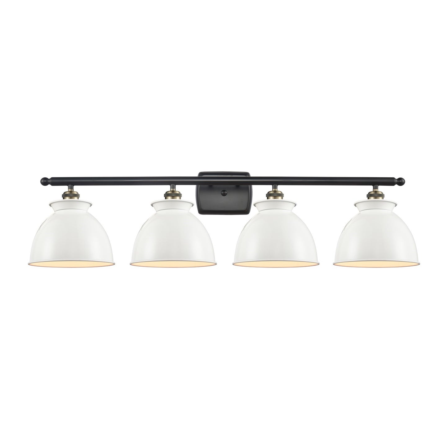 Innovations Adirondack 38in 4-Light Bath Vanity Light | Industrial Black Antique Brass Metal and Glossy White Metal Shade | Model 516-4W-BAB-M14-W-LED
