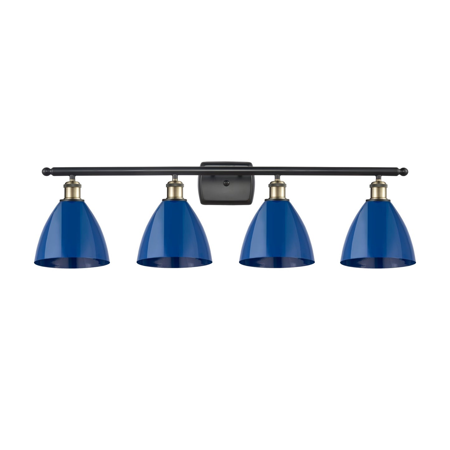 Innovations Plymouth 37.5in 4-Light Bath Vanity Light | Industrial Black Antique Brass and Matte Blue Metal Shade | Model 516-4W-BAB-MBD-75-BL-LED