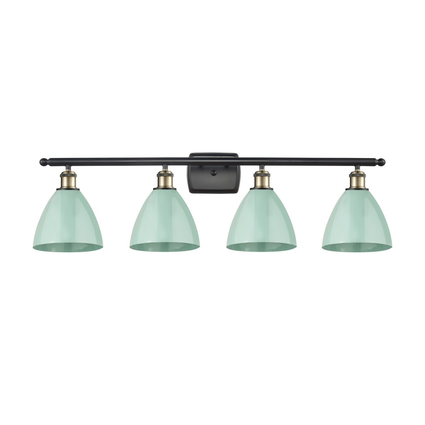 Innovations Plymouth 38in 4-Light Bath Vanity Light | Industrial Black Antique Brass and Matte Seafoam Metal Shade | Bathroom | Model 516-4W-BAB-MBD-75-SF