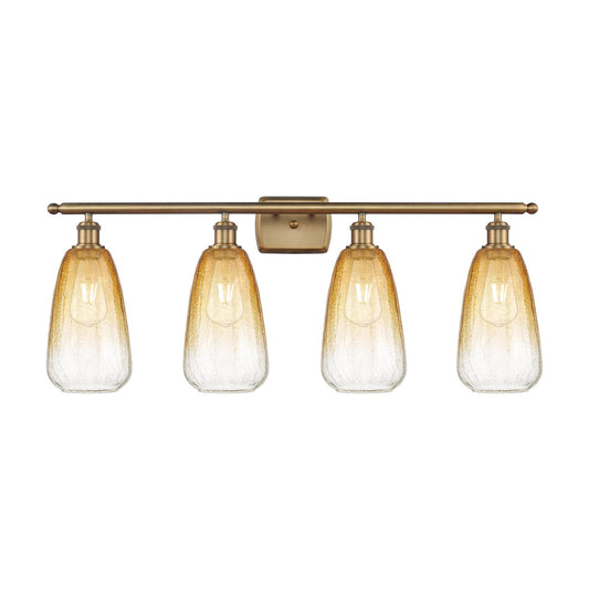 Innovations Brookhaven Almond 36in 4-Light Bath Vanity Light | Industrial Brushed Brass and Amber Glass | Damp-Rated Bathroom | Model 516-4W-BB-G480-6AM
