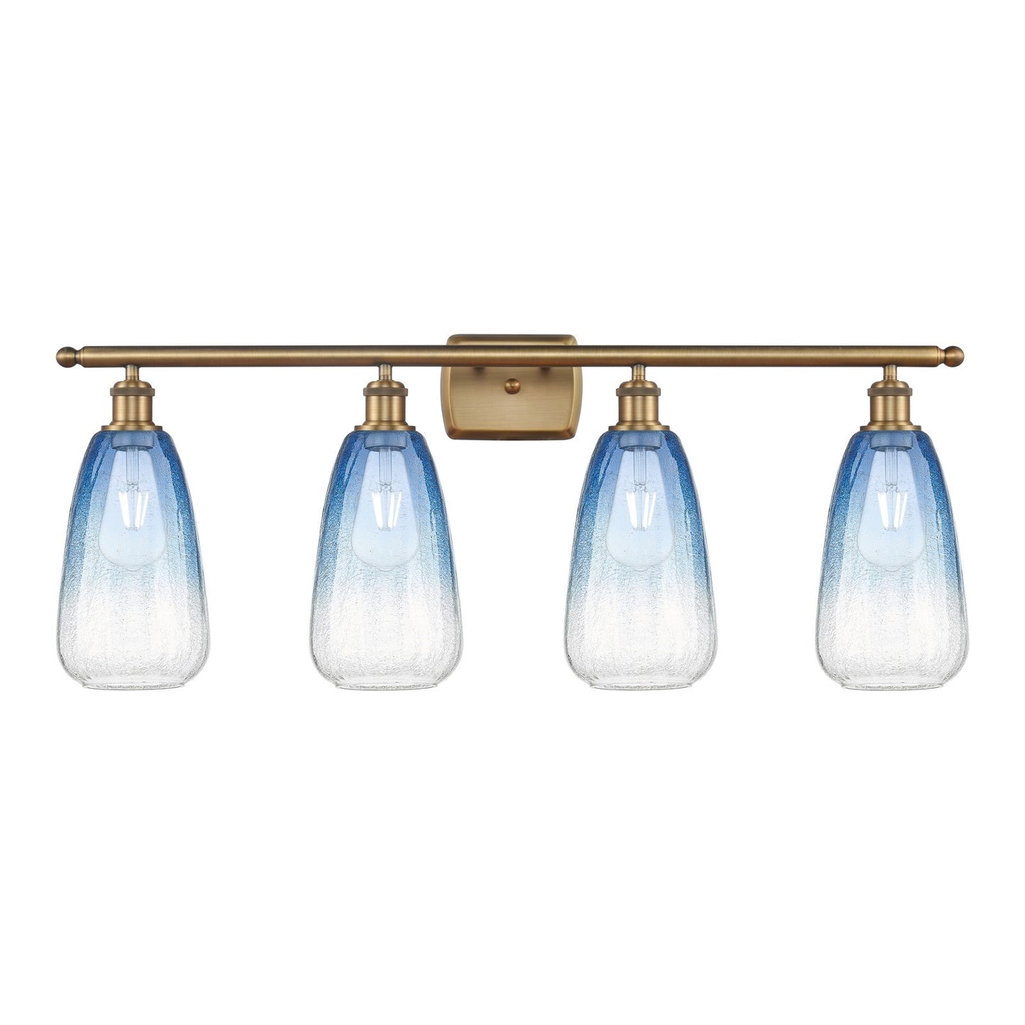 Innovations Brookhaven Almond 36in 4-Light Bath Vanity Light | Industrial Brushed Brass and Sapphire Blue Glass | Bathroom | Model 516-4W-BB-G480-6SB