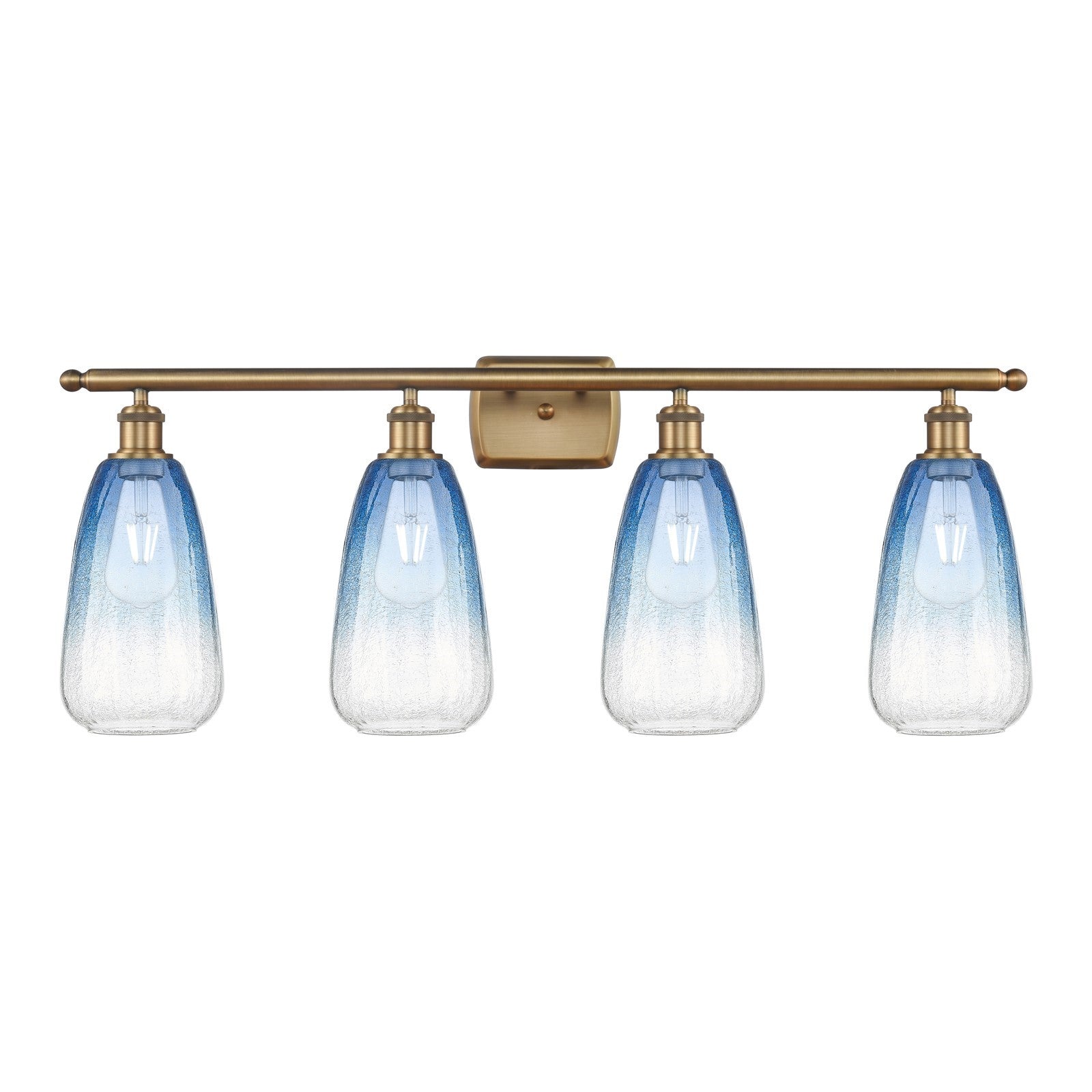 Innovations Brookhaven Almond 36in 4-Light Bath Vanity Light | Industrial Brushed Brass and Sapphire Blue Glass | Bathroom | Model 516-4W-BB-G480-6SB