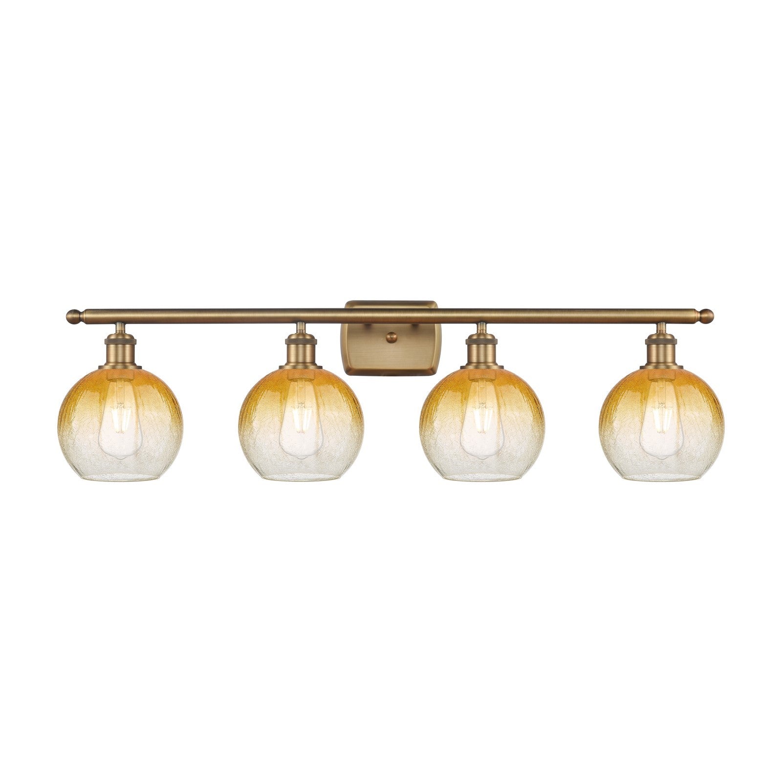 Innovations Brookhaven Globe 38in 4-Light Bath Vanity Light | Industrial Brushed Brass and Amber Glass | Bathroom Vanity | Model 516-4W-BB-G483-8AM