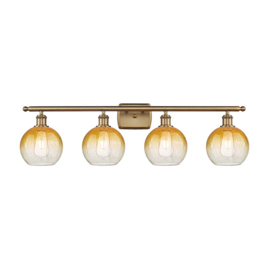 Innovations Brookhaven Globe 38in 4-Light Bath Vanity Light | Industrial Brushed Brass and Amber Glass | Bathroom Vanity | Model 516-4W-BB-G483-8AM