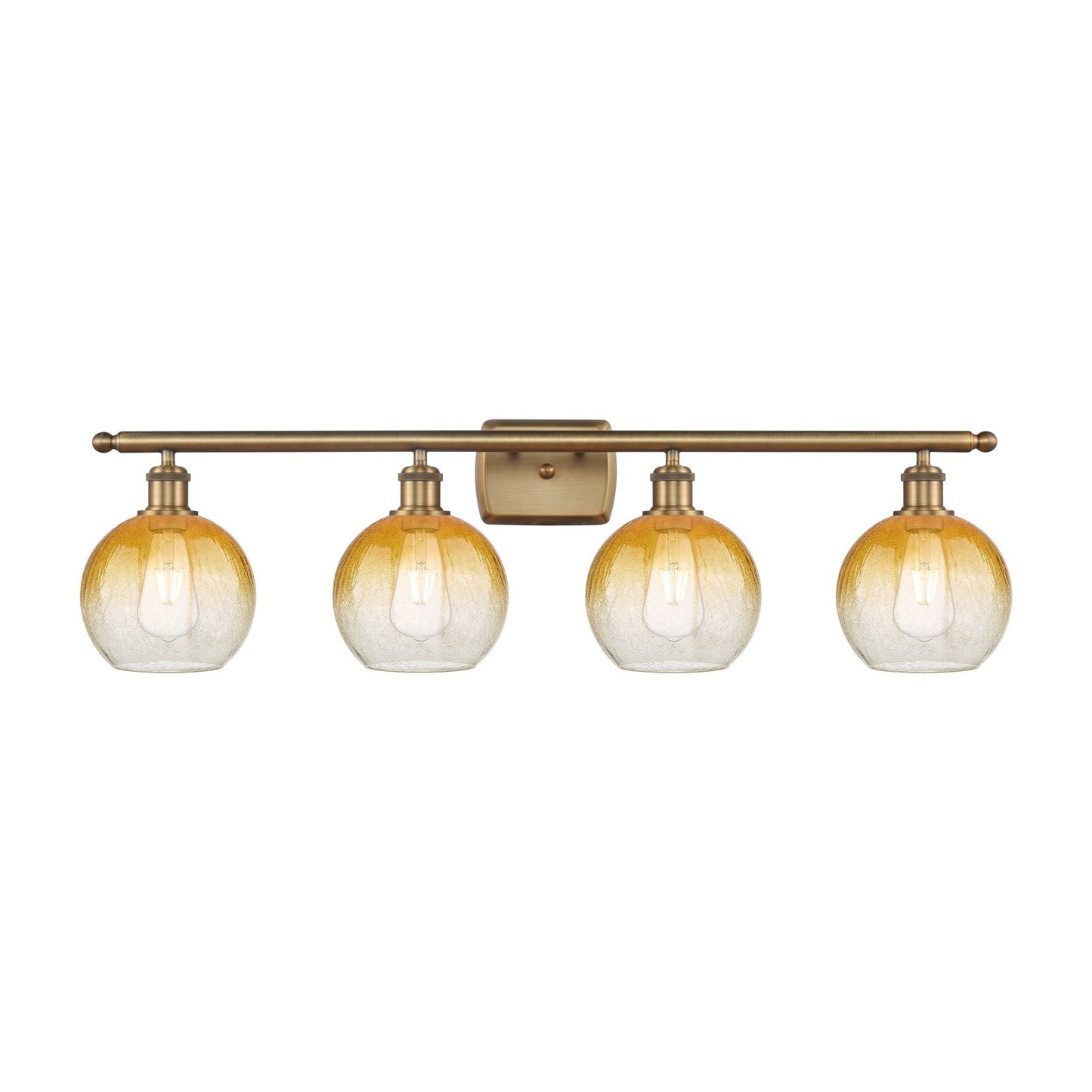 Innovations Brookhaven Globe 38in 4-Light Bath Vanity Light | Industrial Brushed Brass and Amber Glass | Bathroom Vanity | Model 516-4W-BB-G483-8AM