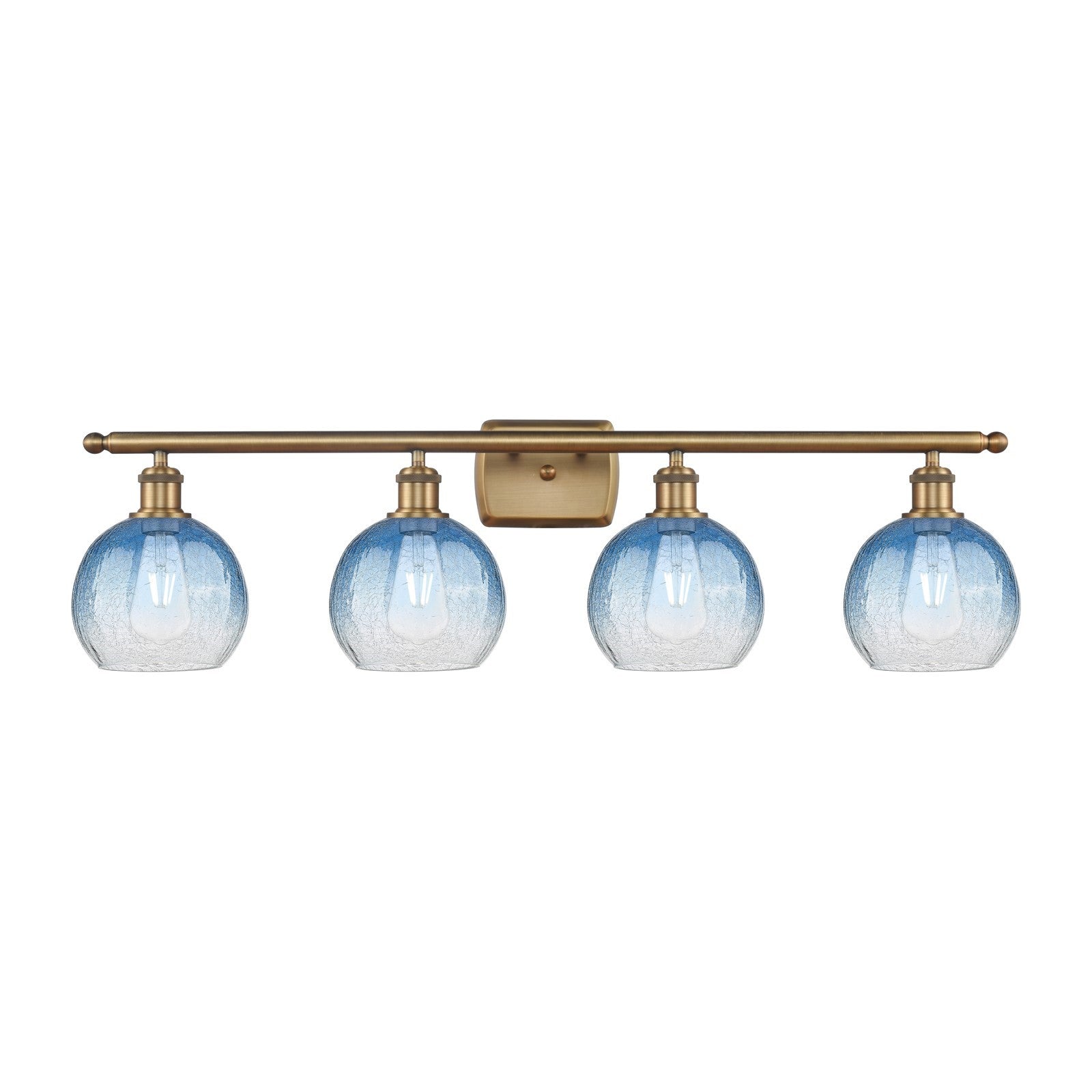 Innovations Brookhaven Globe 38in 4-Light Bath Vanity Light | Industrial Brushed Brass Steel and Sapphire Blue Glass | Bathroom | Model 516-4W-BB-G483-8SB
