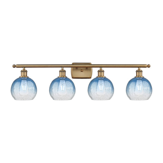 Innovations Brookhaven Globe 38in 4-Light Bath Vanity Light | Industrial Brushed Brass Steel and Sapphire Blue Glass | Bathroom | Model 516-4W-BB-G483-8SB