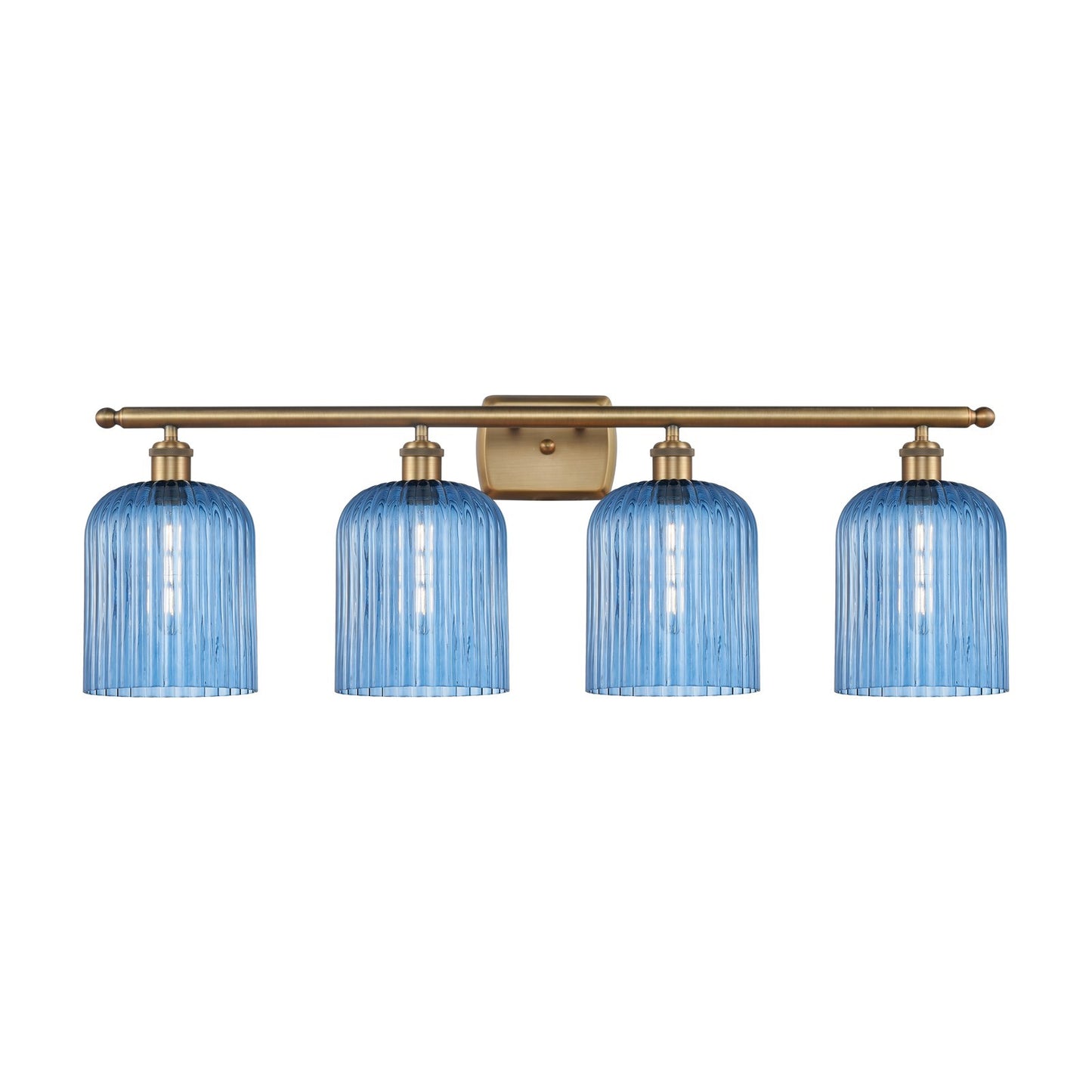 Innovations Bridal Veil 35in 4-Light Bath Vanity | Art Nouveau Brushed Brass Steel and Princess Blue Ribbed Glass | Bathroom | Model 516-4W-BB-G559-8BL