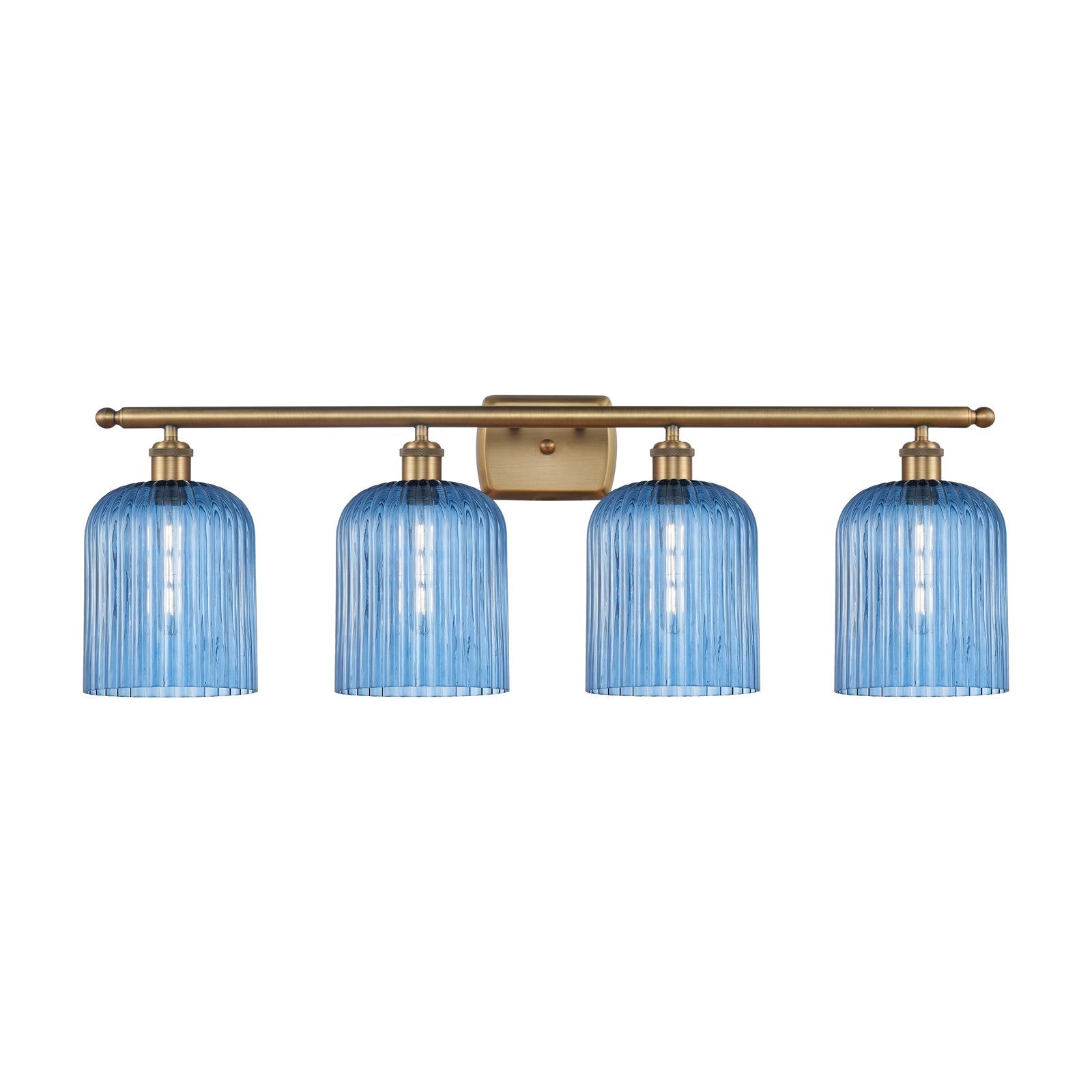 Innovations Bridal Veil 35in 4-Light Bath Vanity | Art Nouveau Brushed Brass Steel and Princess Blue Ribbed Glass | Bathroom | Model 516-4W-BB-G559-8BL