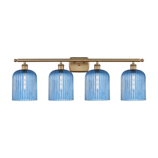 Innovations Bridal Veil 35in 4-Light Bath Vanity | Art Nouveau Brushed Brass Steel and Princess Blue Ribbed Glass | Bathroom | Model 516-4W-BB-G559-8BL