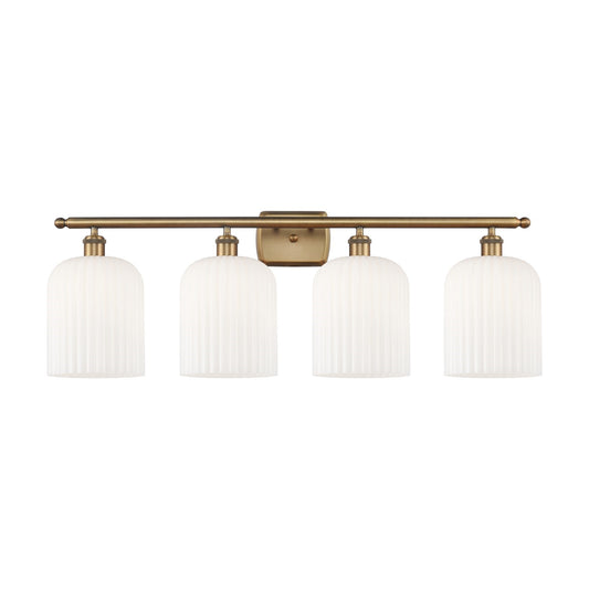 Innovations Bridal Veil 35in 4-Light Bath Vanity Light | Art Nouveau Brushed Brass and Gloss White Ribbed Glass | Bathroom | Model 516-4W-BB-G559-8GWH