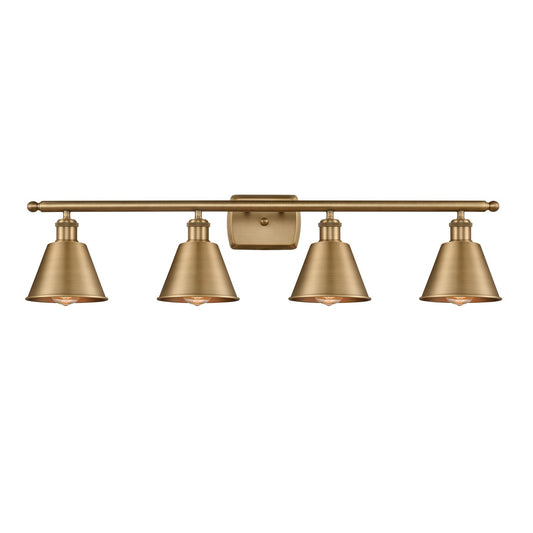 Innovations Smithfield 37in 4-Light Bath Vanity | Industrial Farmhouse Brushed Brass Steel and Metal Shade | Bathroom Vanity | Model 516-4W-BB-M8-LED