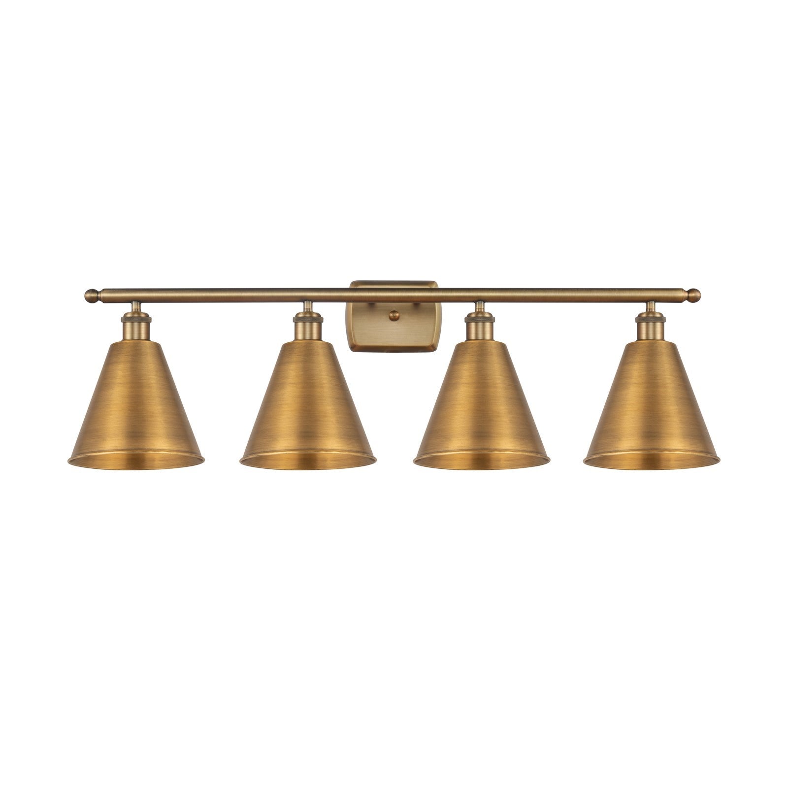 Innovations Berkshire 38in 4-Light Bath Vanity Light | Industrial Farmhouse Brushed Brass Steel and Cast Brass Cone Shade | Model 516-4W-BB-MBC-8-BB-LED
