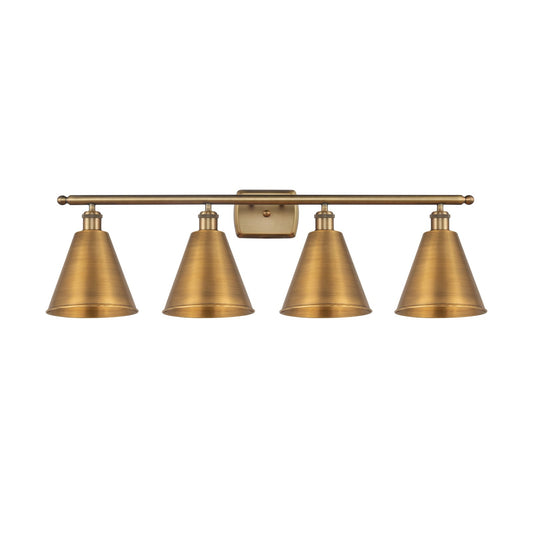 Innovations Berkshire 38in 4-Light Bath Vanity Light | Industrial Farmhouse Brushed Brass Steel and Cast Brass Cone Shade | Model 516-4W-BB-MBC-8-BB-LED