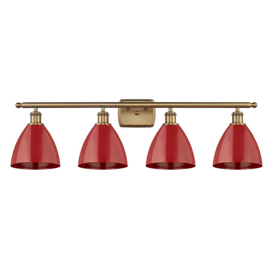 Innovations Plymouth 37.5in 4-Light Bath Vanity | Industrial Farmhouse Brushed Brass and Matte Red Metal Shade | Bathroom | Model 516-4W-BB-MBD-75-RD-LED