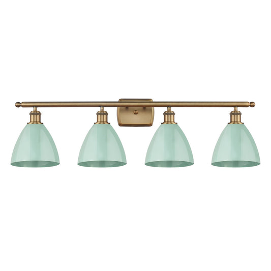Innovations Plymouth 38in 4-Light Bath Vanity | Industrial Farmhouse Brushed Brass and Matte Seafoam Metal Shade | Bathroom | Model 516-4W-BB-MBD-75-SF