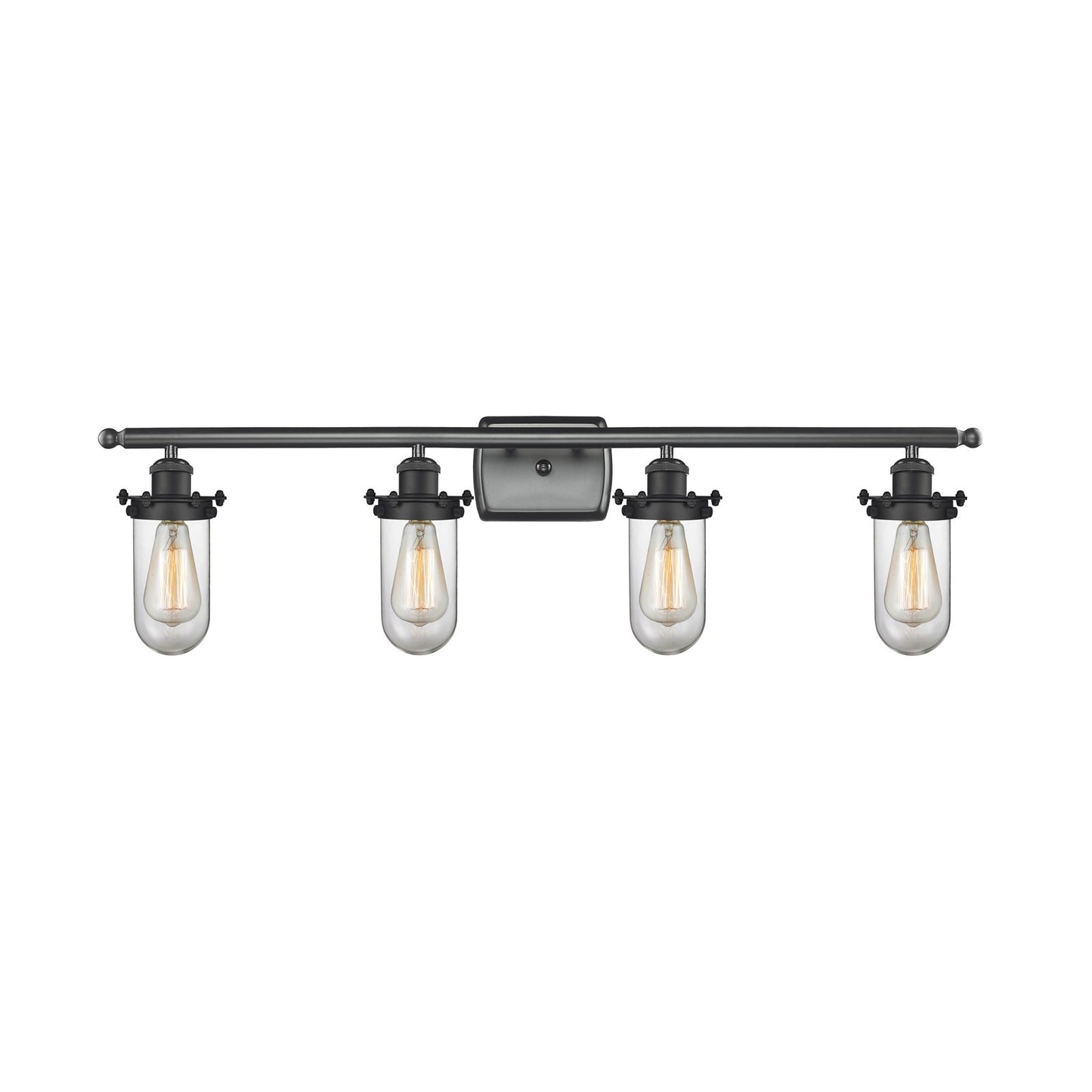 Innovations Kingsbury 34in 4-Light Bath Vanity | Industrial Matte Black Steel and Clear Glass | Bathroom Vanity Light | Model 516-4W-BK-CE231-CL-LED