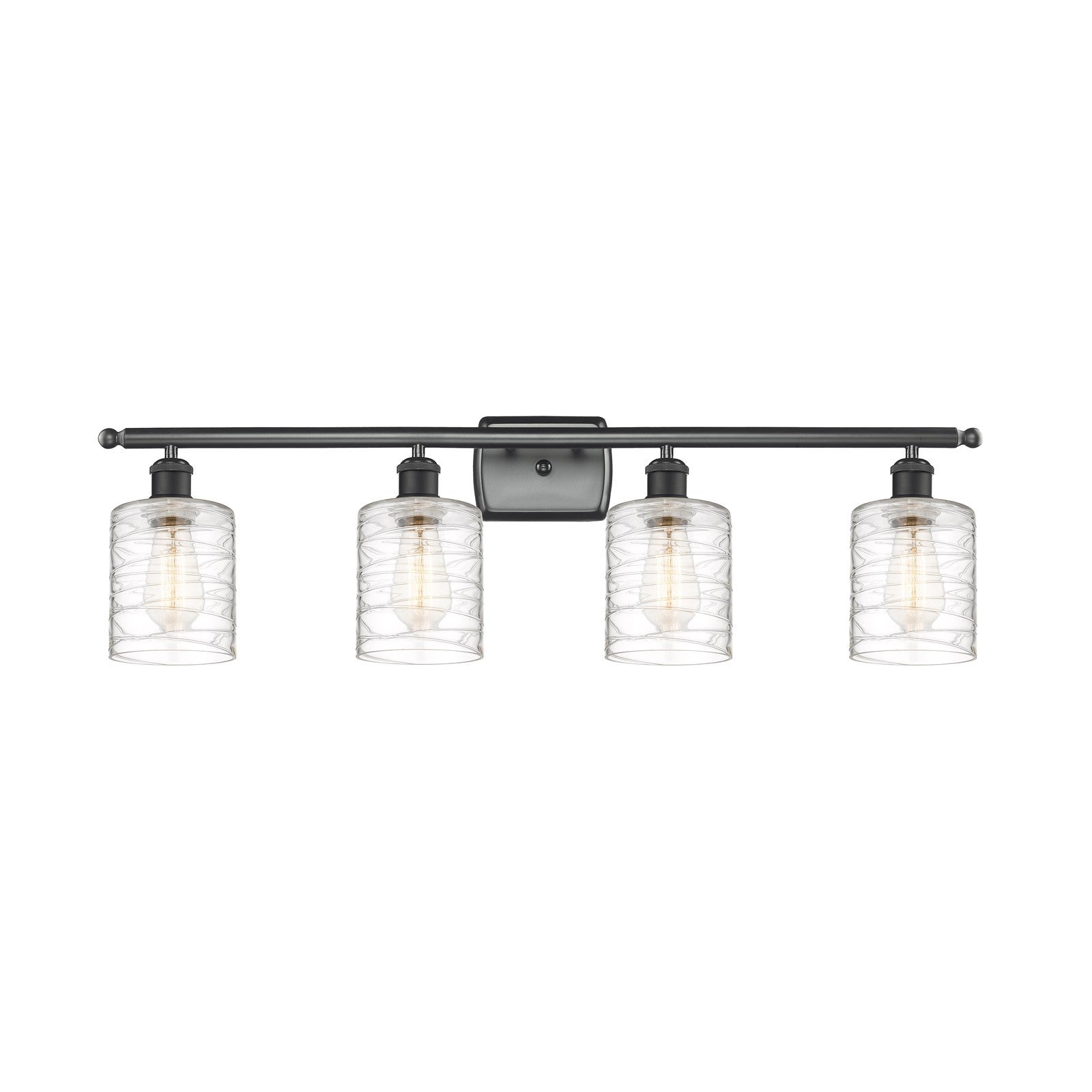 Innovations Cobbleskill 35in 4-Light Bath Vanity | Art Nouveau Industrial Matte Black Steel and Deco Swirl Clear Glass | Bathroom | Model 516-4W-BK-G1113