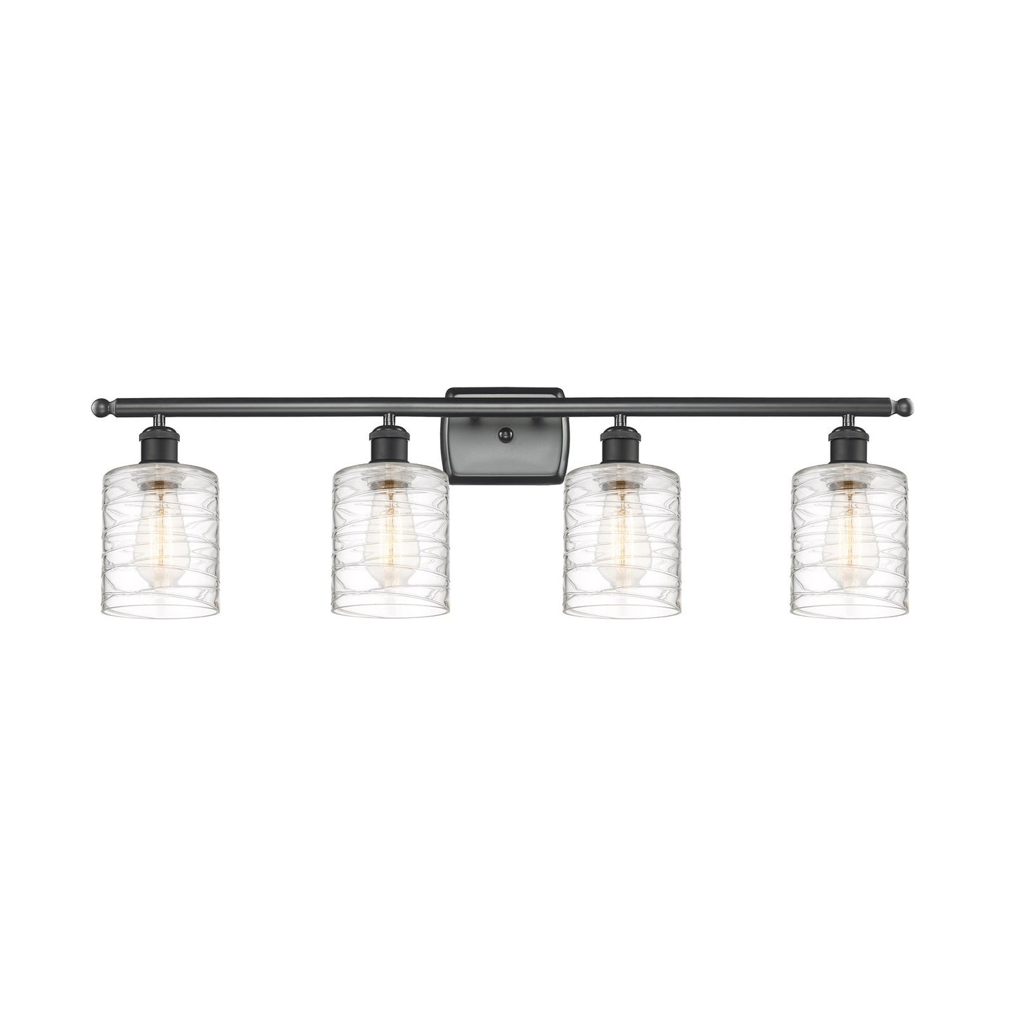 Innovations Cobbleskill 35in 4-Light Bath Vanity Light | Art Nouveau Matte Black Steel and Deco Swirl Clear Glass | Bathroom | Model 516-4W-BK-G1113-LED