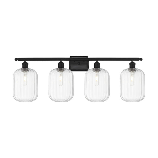 Innovations Preston Cylinder 37in 4-Light Bath Vanity | Industrial Matte Black Steel and Clear Glass | Bathroom Vanity & Powder | Model 516-4W-BK-G460-7CL