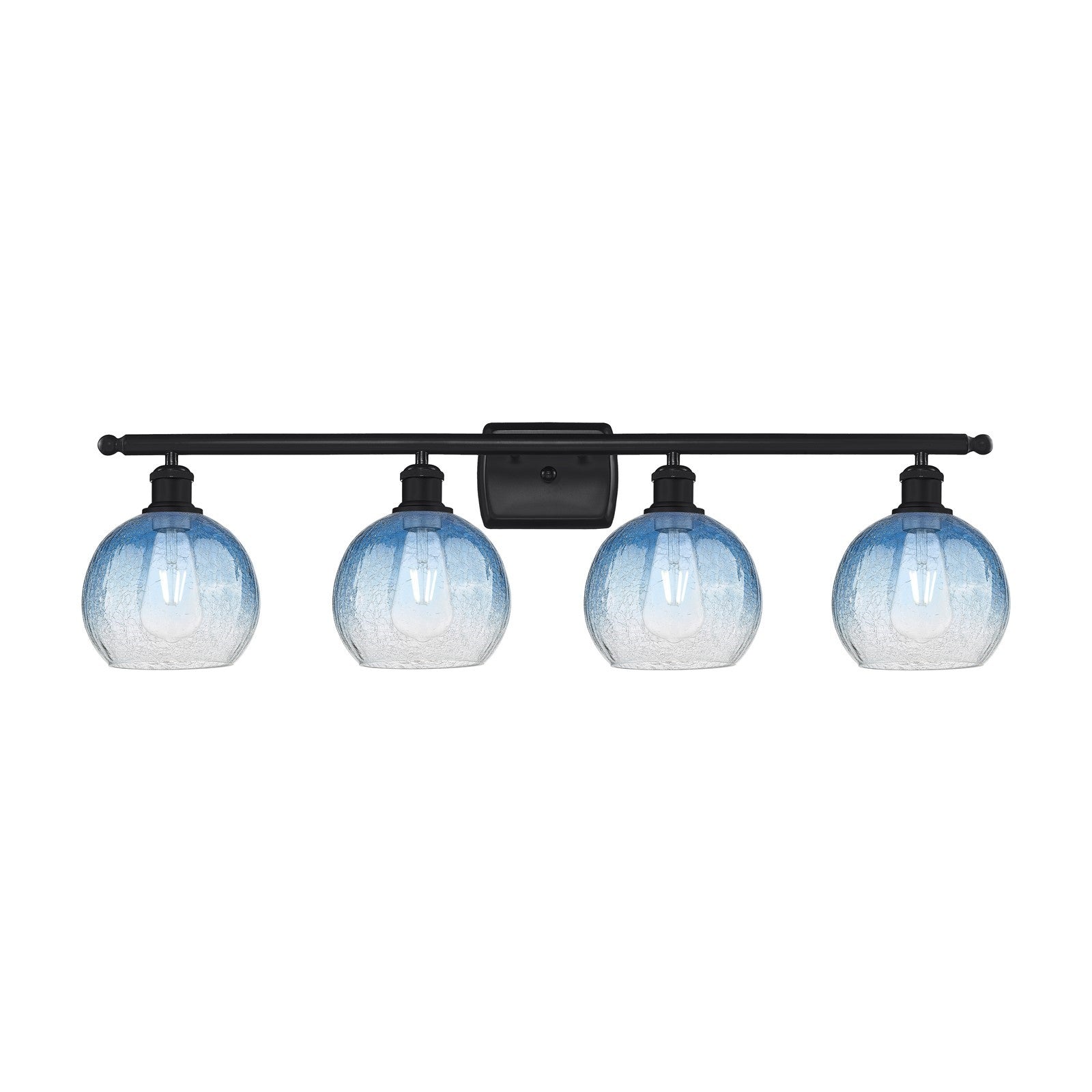 Innovations Brookhaven Globe 38in 4-Light Bath Vanity | Industrial Matte Black Steel and Sapphire Blue Glass | Bathroom Vanity | Model 516-4W-BK-G483-8SB