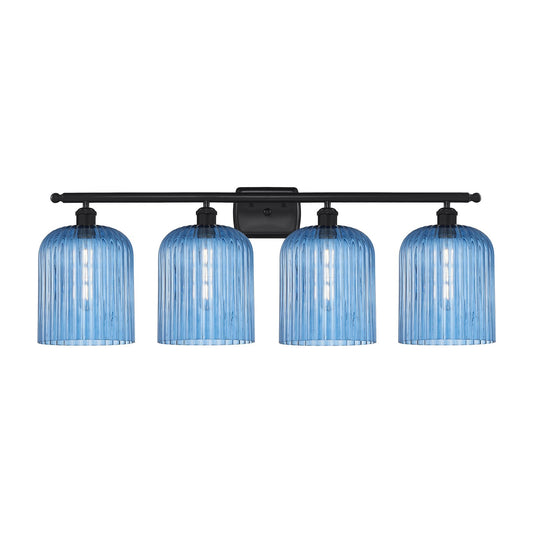 Innovations Bridal Veil 35in 4-Light Bath Vanity Light | Art Nouveau Matte Black Steel and Princess Blue Ribbed Glass | Model 516-4W-BK-G559-8BL