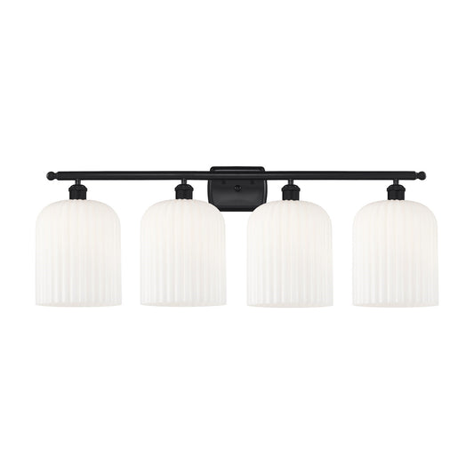Innovations Bridal Veil 35in 4-Light Bath Vanity Light | Industrial Art Nouveau Matte Black Steel and Gloss White Ribbed Glass | Model 516-4W-BK-G559-8GWH