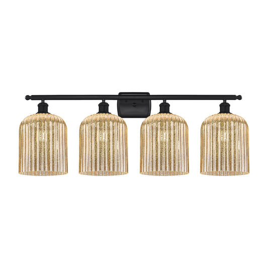 Innovations Bridal Veil 35in 4-Light Bath Vanity Light | Art Nouveau Matte Black Steel and Mercury Ribbed Glass | Bathroom | Model 516-4W-BK-G559-8ME
