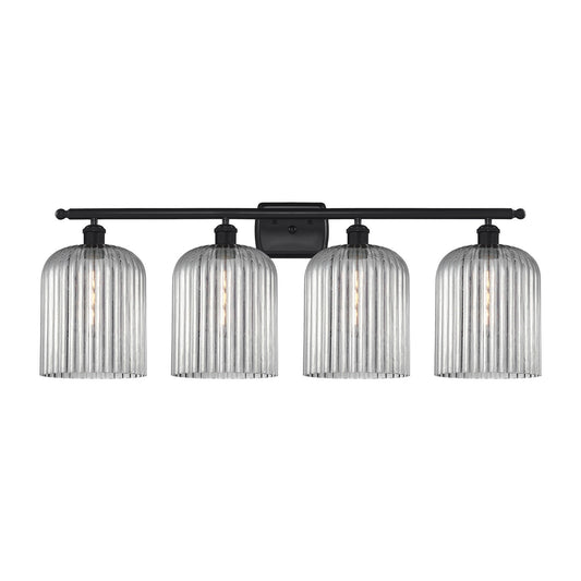 Innovations Bridal Veil 35in 4-Light Bath Vanity Light | Industrial Art Nouveau Matte Black Steel and Light Smoke Ribbed Glass | Model 516-4W-BK-G559-8SM