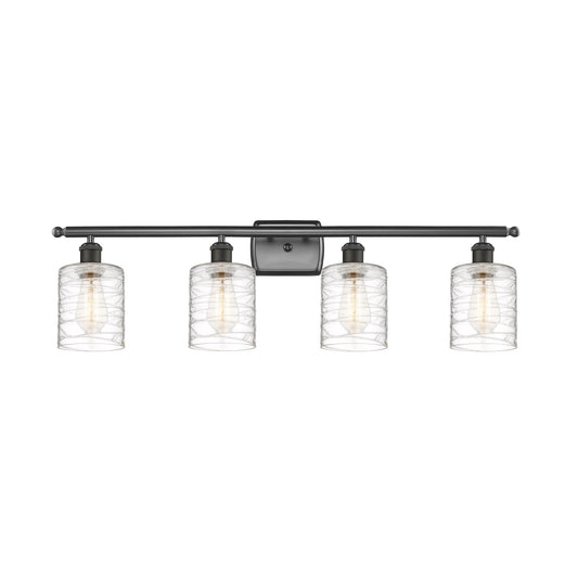 Innovations Cobbleskill 35in 4-Light Bath Vanity | Industrial Oil Rubbed Bronze Steel and Deco Swirl Glass | Bathroom & Powder | Model 516-4W-OB-G1113-LED