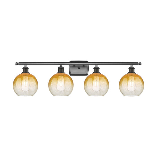 Innovations Brookhaven Globe 38in 4-Light Bath Vanity Light | Industrial Oil Rubbed Bronze Steel and Amber Glass | Bathroom | Model 516-4W-OB-G483-8AM